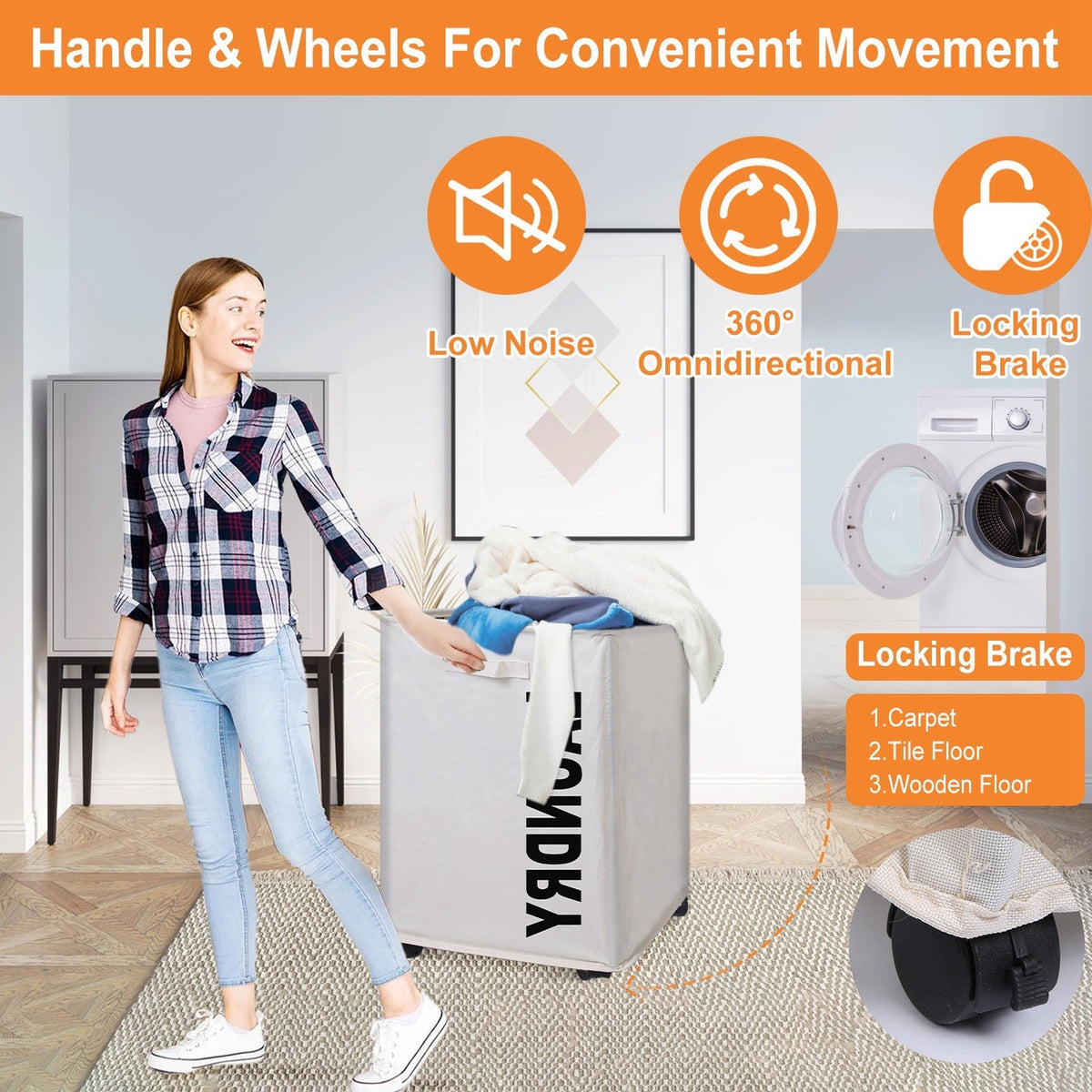 82L/21.6Gal Large Rolling Laundry Hamper Collapsible Tall Laundry Basket with Wheels