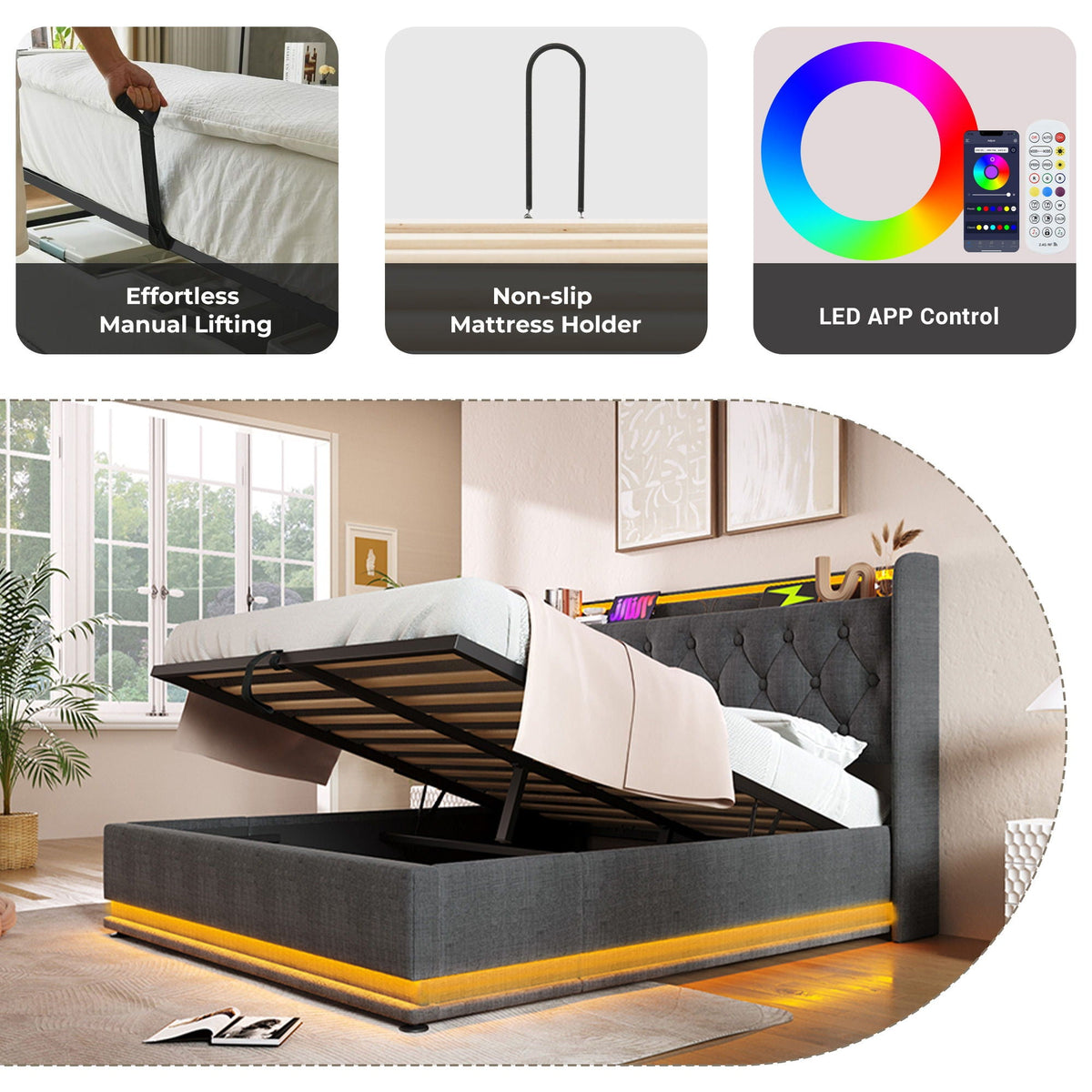 Upholstered Bed, Hydraulic Storage Bed (Without Mattress)