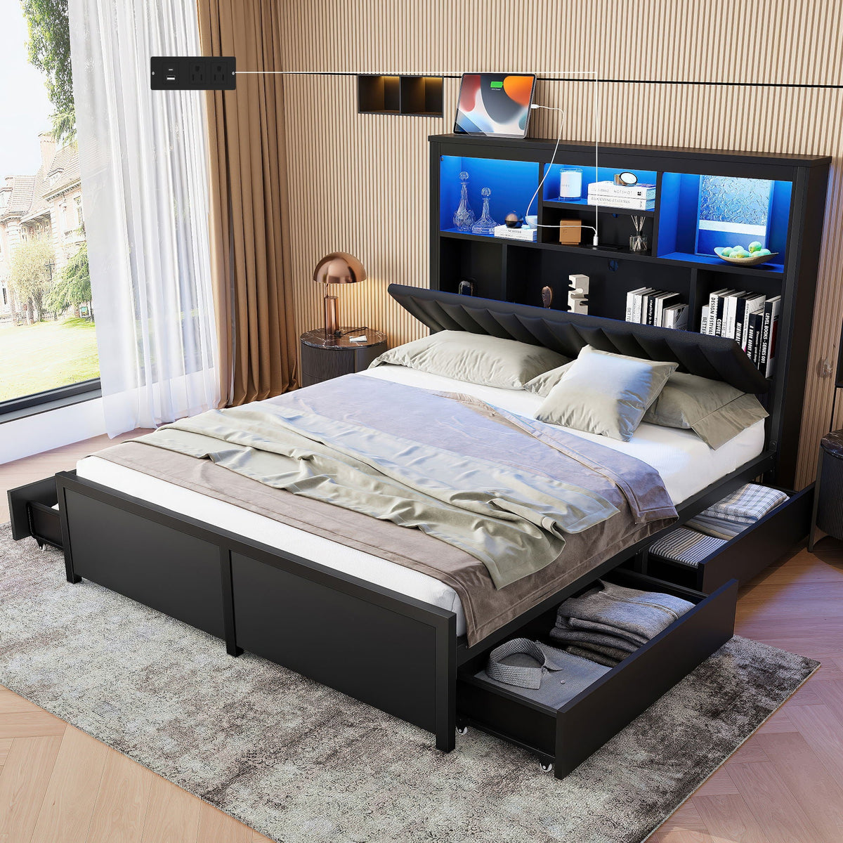 Bed Frame With High Storage Headboard