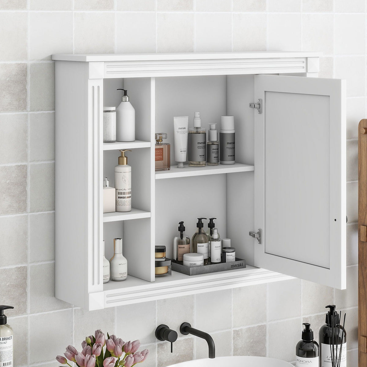 Wall Mounted Bathroom Storage Cabinet With Mirror, Cabinet With 6 Open Shelves