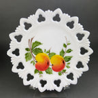 Westmoreland Milk Glass Decorative Plates with Hand Painted Violets,  Cherry Blossom, and Fruit.  Set of Four Plates with Reticulated Rim.