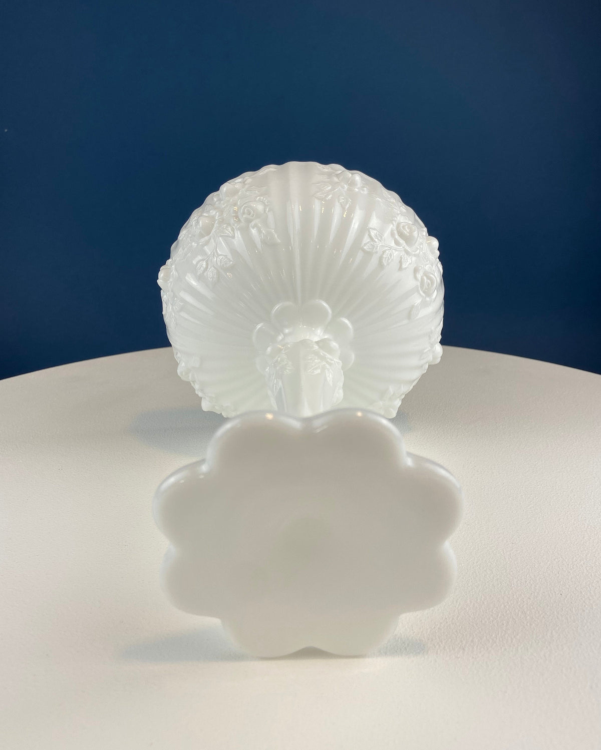 Milk Glass Floral Footed Bowl with Scalloped Rim
