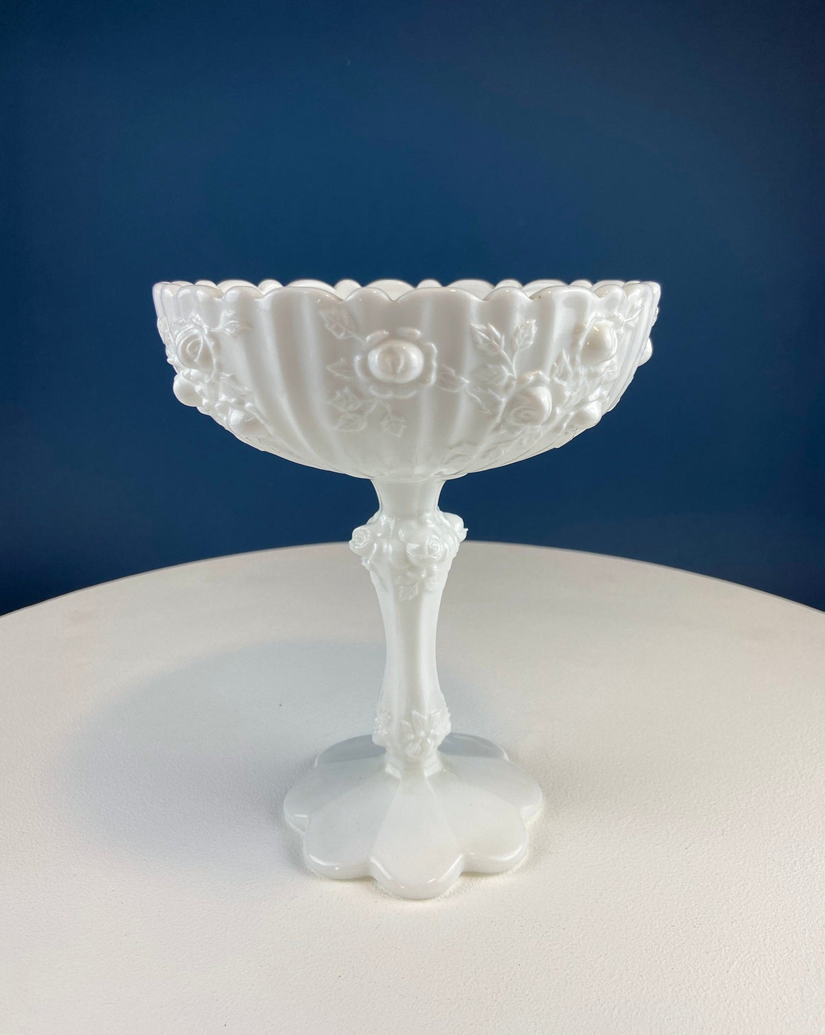 Milk Glass Floral Footed Bowl with Scalloped Rim