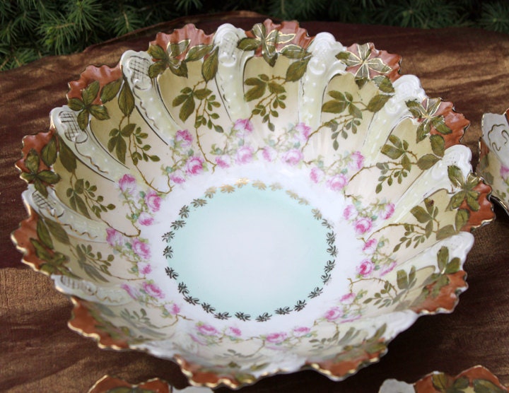Antique Austrian Hand Painted Porcelain Serving Bowl with Matching Salad Dessert Bowls