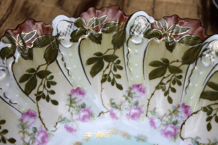 Antique Austrian Hand Painted Porcelain Serving Bowl with Matching Salad Dessert Bowls