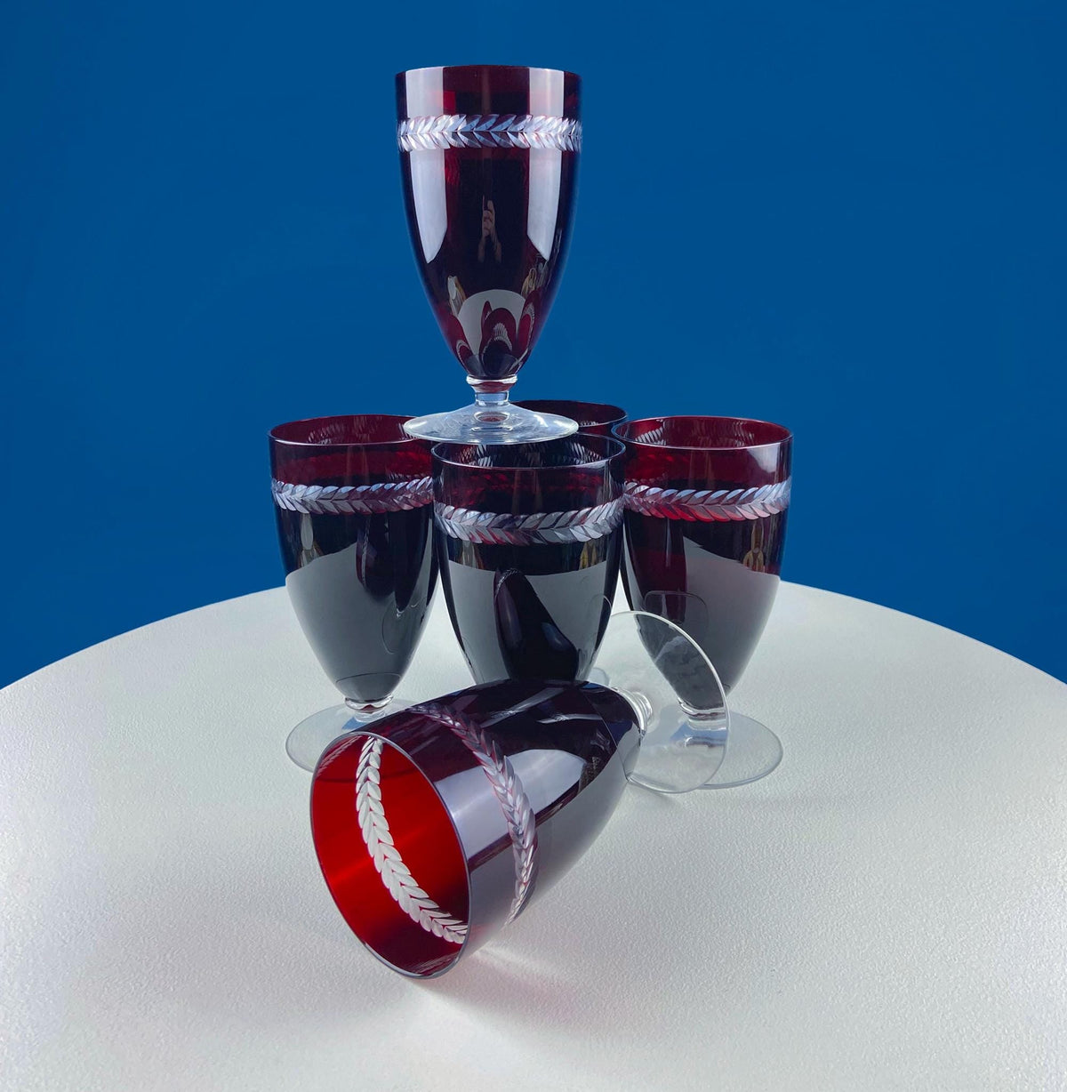 Vintage Ruby Red Bohemian Crystal Wine Water Goblets