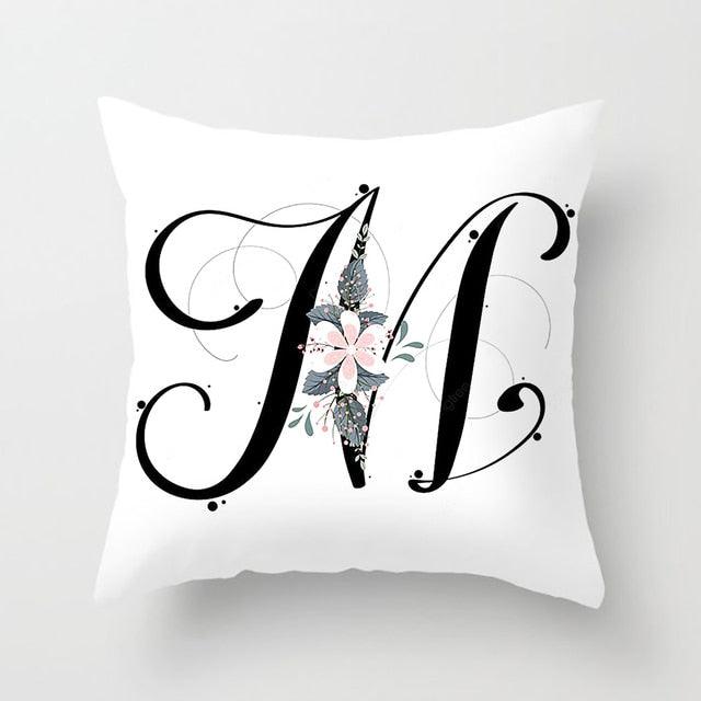 Black Alphabet Flower Print Pillow Cover