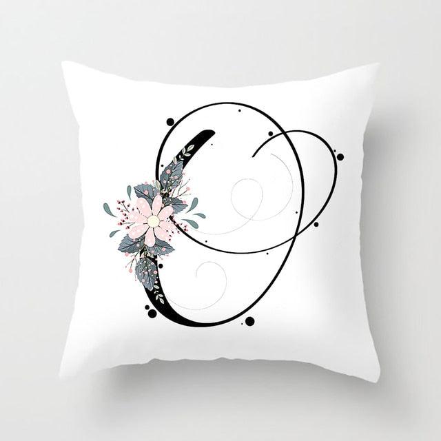 Black Alphabet Flower Print Pillow Cover