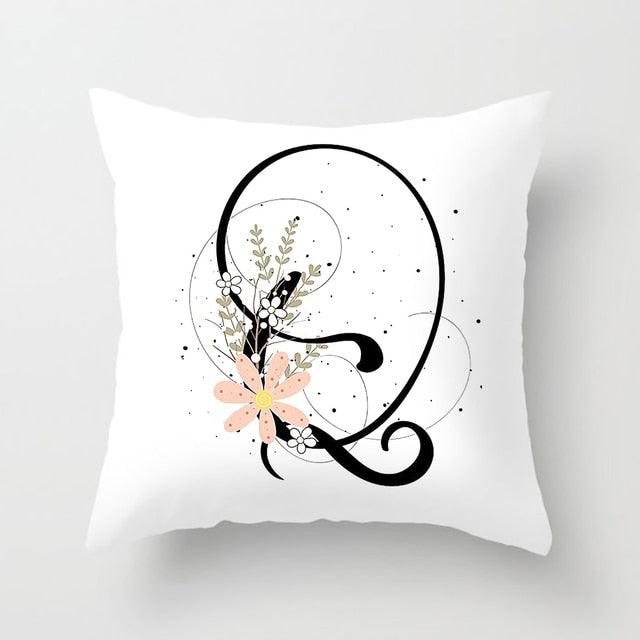 Black Alphabet Flower Print Pillow Cover