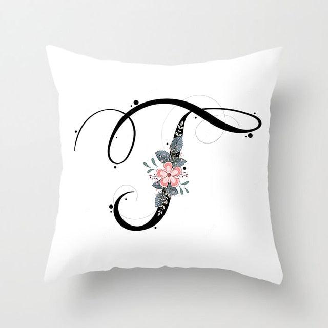 Black Alphabet Flower Print Pillow Cover