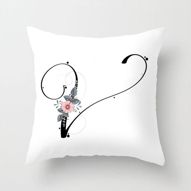 Black Alphabet Flower Print Pillow Cover
